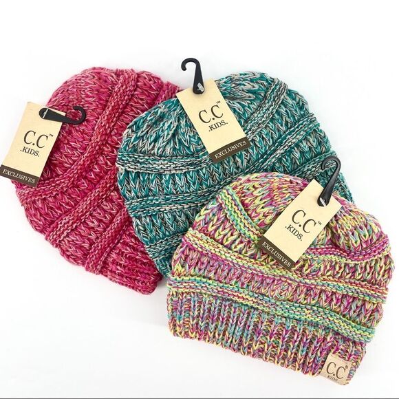 C.C.🌺Multi Teal Knitted Kids Beanie Hat - Picture 5 of 5